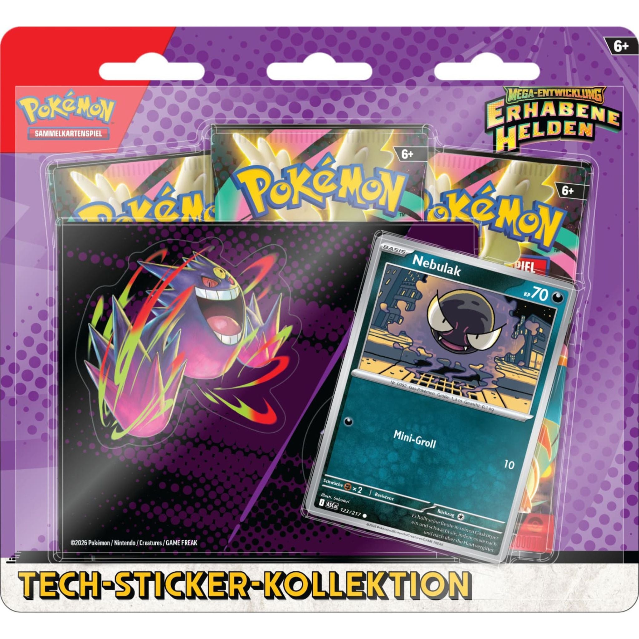 Pokémon Erhabene Helden Tech-Sticker-Kollektion Nebulak mit 3 Boostern und holografischer Promokarte.